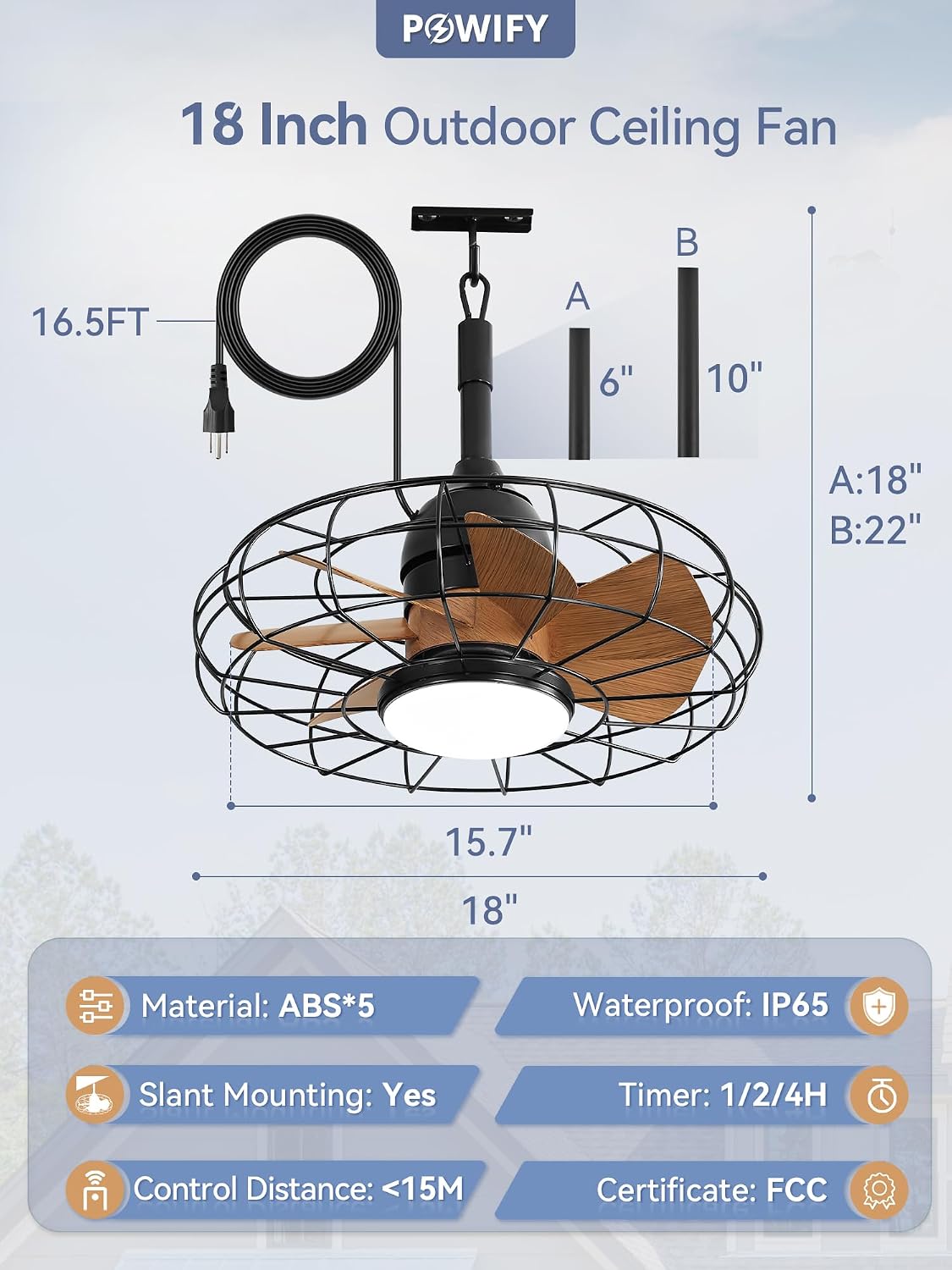 Outdoor Ceiling Fans with Lights for Patios,Plug in Gazebo Ceiling Fan with Remote Control,Waterproof Caged Hanging Fans with Hook 3CCT 6-Speed for Outside Porch