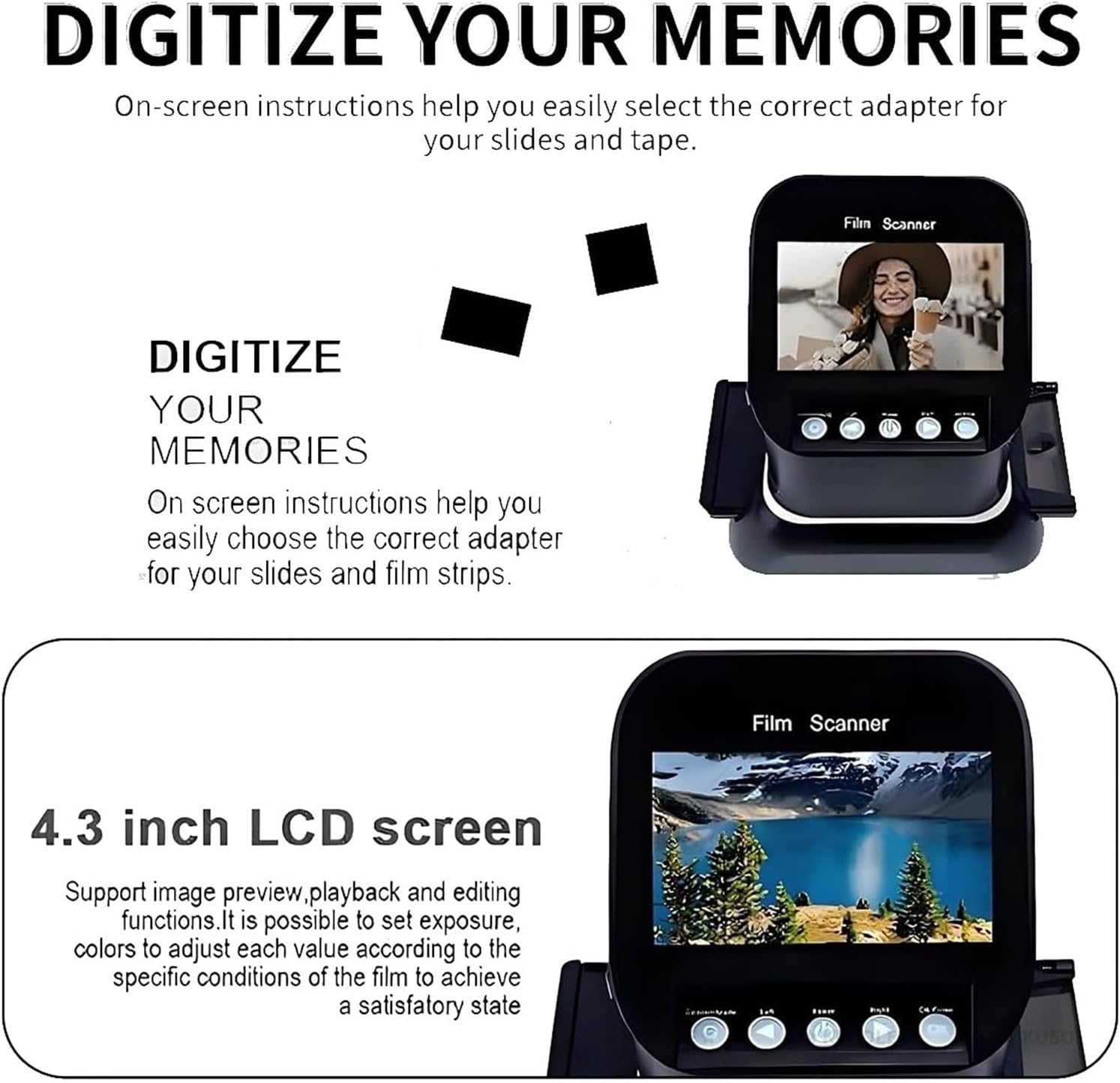 Film Slide Scanner High Resolution 22MP with 4.3' LCD Screen Converts 120/135/126/127 Negatives Slides to Digital JPEG