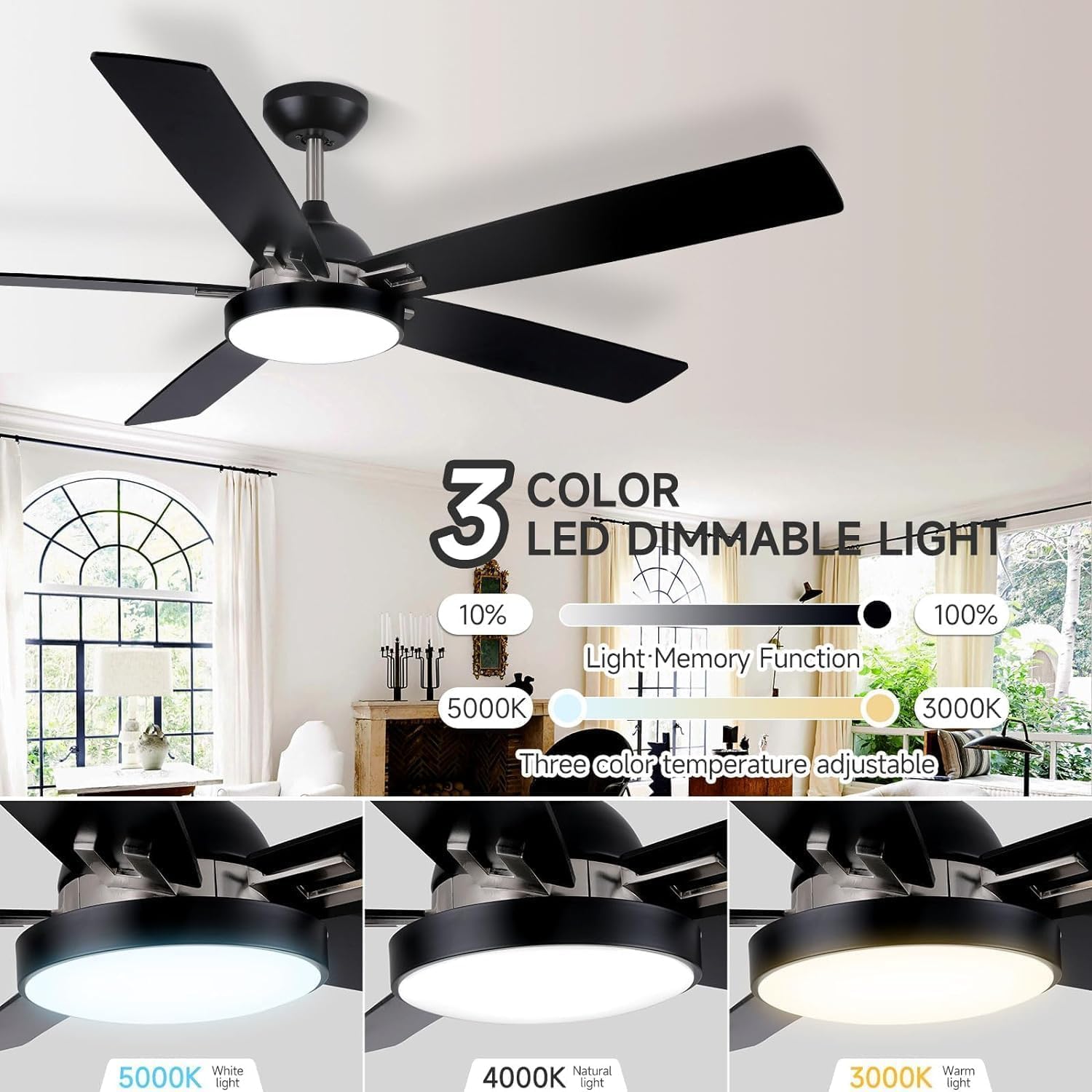 60 inch Outdoor Ceiling Fans for Patios with Light, Modern Black Ceiling Fan with Light and Remote, Quiet Reversible DC Motor, Damp Rated Large Airflow Ceiling Fan for Exterior House Porch Gazebo