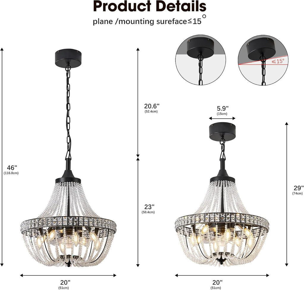 20 inch Crystal Chandelier with Ceiling Fan, Remote & App Control, Reversible DC Motor, French Empire Fandelier for Dining Room, Bedroom, Kitchen