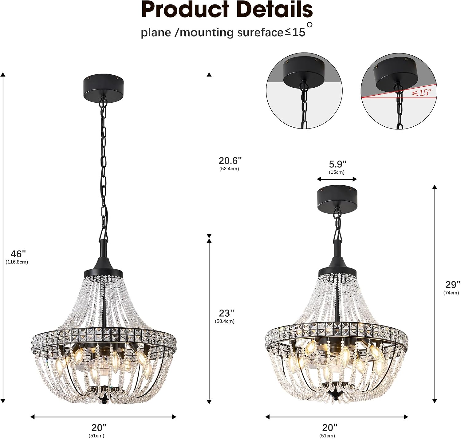 20 inch Crystal Chandelier with Ceiling Fan, Remote & App Control, Reversible DC Motor, French Empire Fandelier for Dining Room, Bedroom, Kitchen