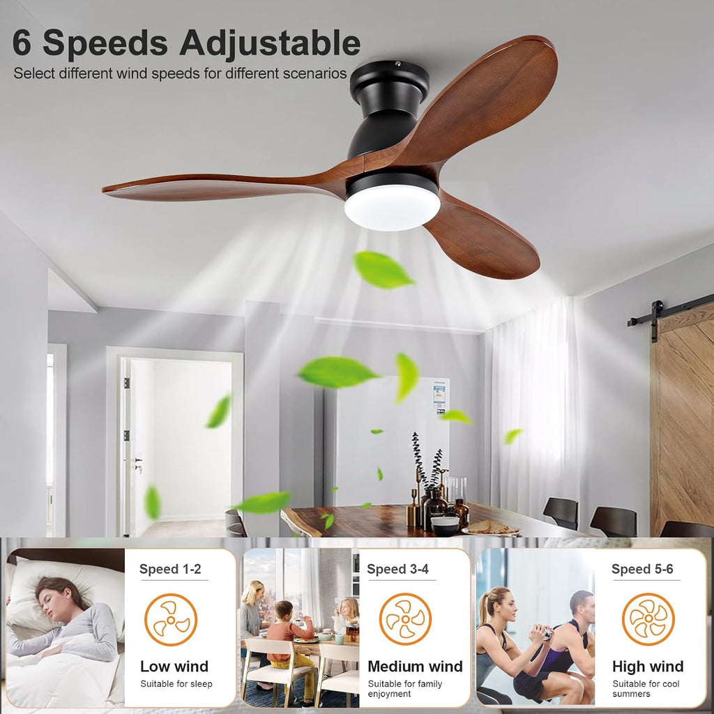 42 Inch Flush Mount Ceiling Fans with Lights and Remote, Dimmable 3 Blades Wood Bedroom Ceiling Fan with Lights Low Profile Ceiling Fan with Light Black Outdoor Ceiling Fans for Patios Living Room