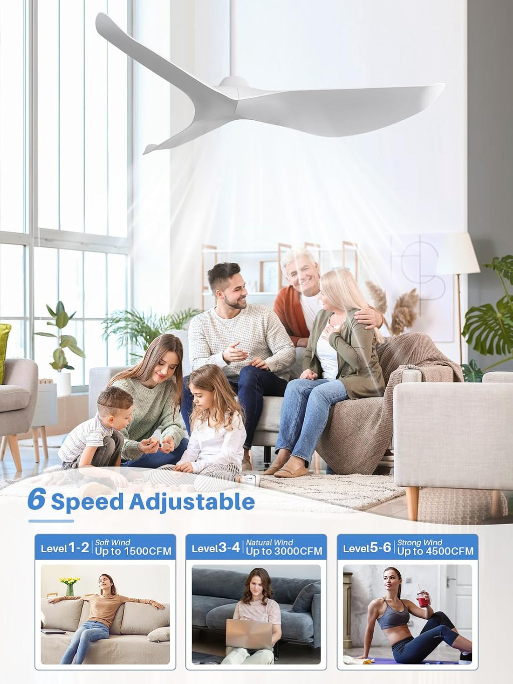 Sofucor 52 Inch Smart Ceiling Fan No Light, Modern White Ceiling Fan with Remote Control, Reversible DC Motor, 6-Speed Noiseless Indoor Ceiling Fan for Bedroom Living Room Covered Patio Porch