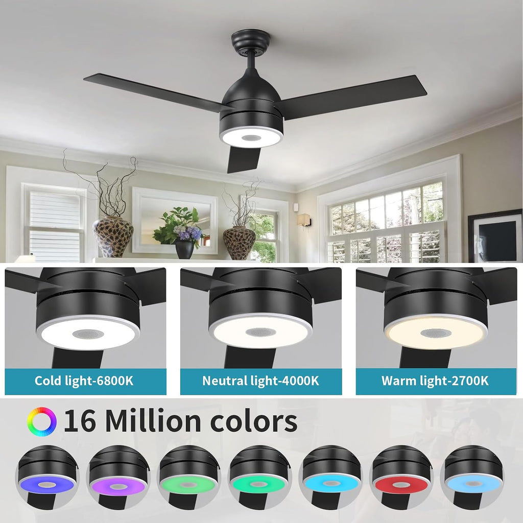 Black 52 Inch Ceiling Fan with RGB Dimming LED Light,with Music Bluetooth Speaker,with Remote Control,3-Speed Regulation, Reversible Motor,Timing,for Living Room,Bedroom,Restaurant
