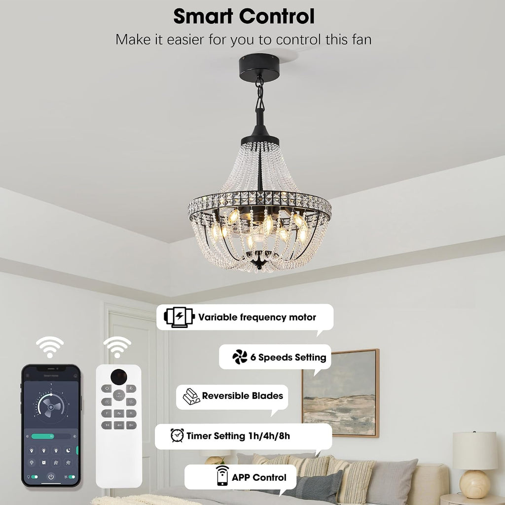20 inch Crystal Chandelier with Ceiling Fan, Remote & App Control, Reversible DC Motor, French Empire Fandelier for Dining Room, Bedroom, Kitchen