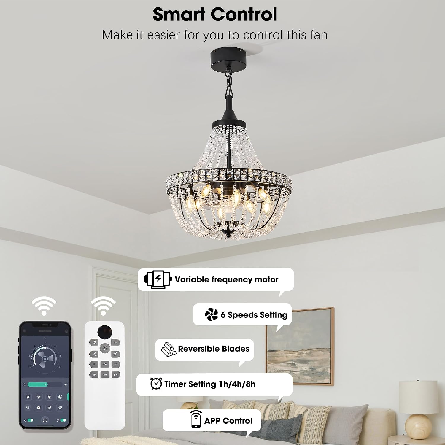 20 inch Crystal Chandelier with Ceiling Fan, Remote & App Control, Reversible DC Motor, French Empire Fandelier for Dining Room, Bedroom, Kitchen