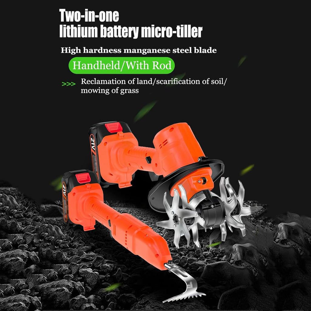2 in 1 Cordless Tiller Cultivator,Electric Mini Digging Hoe,High Hardness Manganese Steel Blade, Sharp Teeth, Safety Double Switch, Convenient to Operate with One Hand, for Lawn Gardening