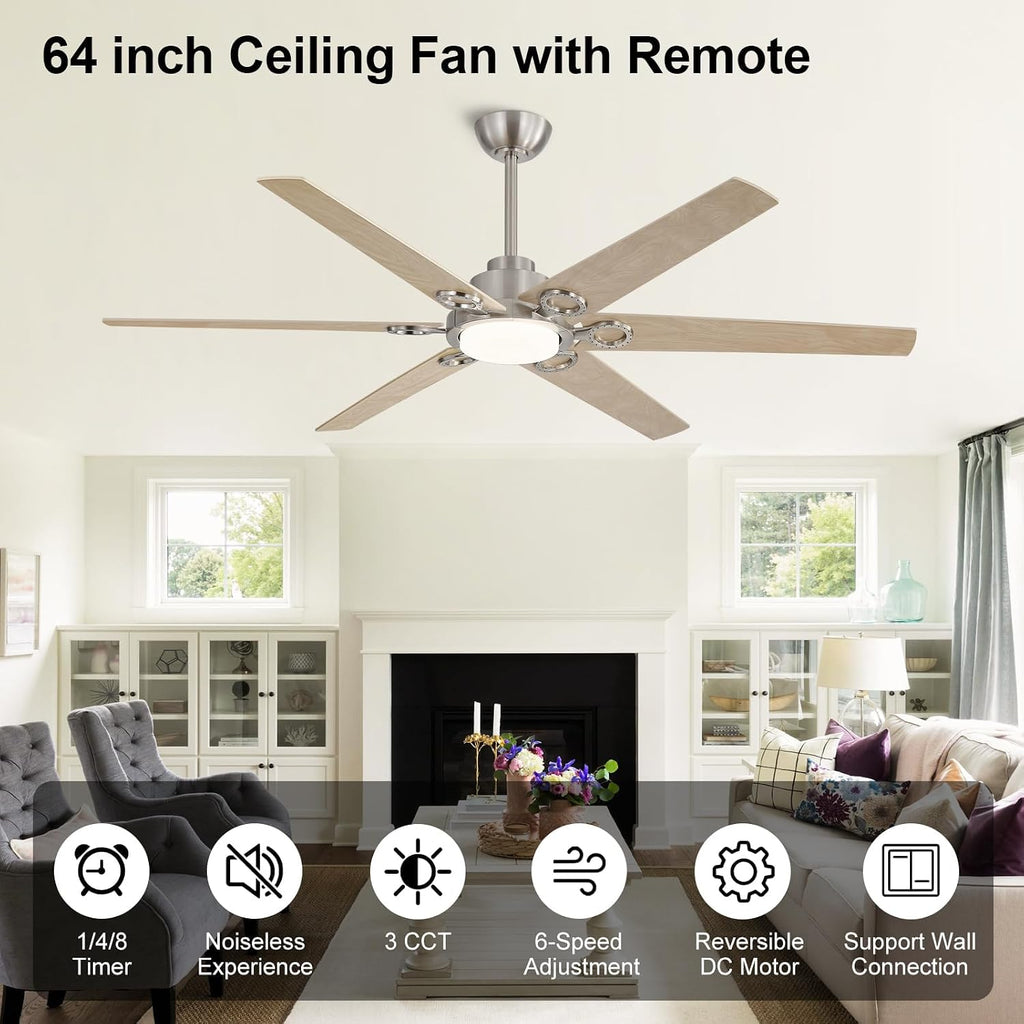WINGBO Ceiling Fan with Lights - 64 inch Ceiling Fan with Remote,3CCT, Dimmable Light,6 Blades Modern Ceiling Fan, 6-Speed Noiseless Powerful DC Motor, ETL Listed, Indoor/Outdoor， Nickel + Light Wood