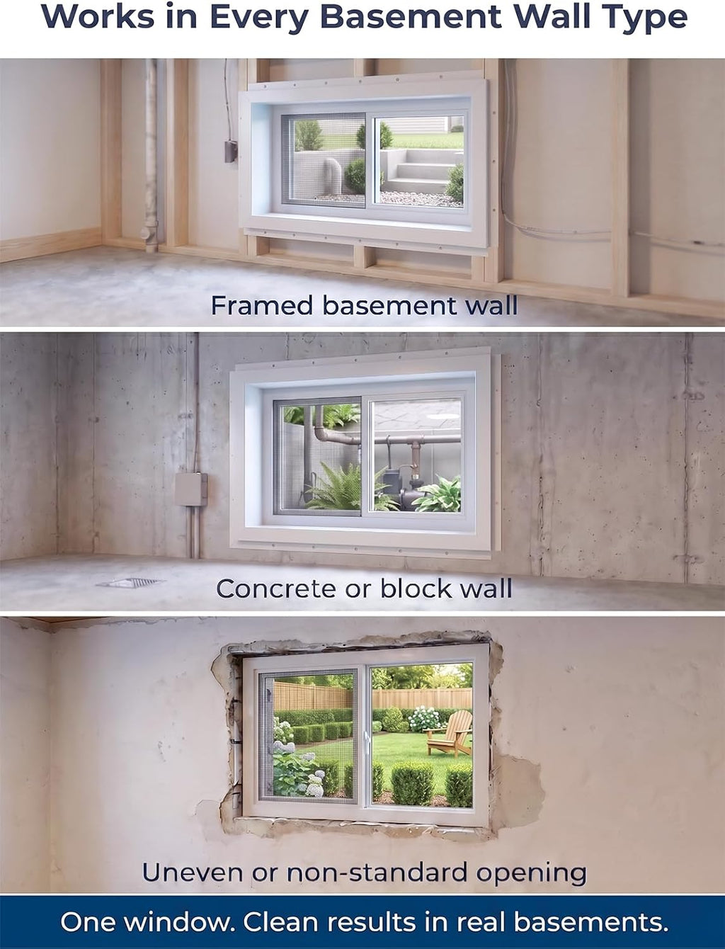 NOOTA EasyWing Basement Window 36' x 24' Double Tempered Glass, Removable Flange, Vinyl Sliding Window