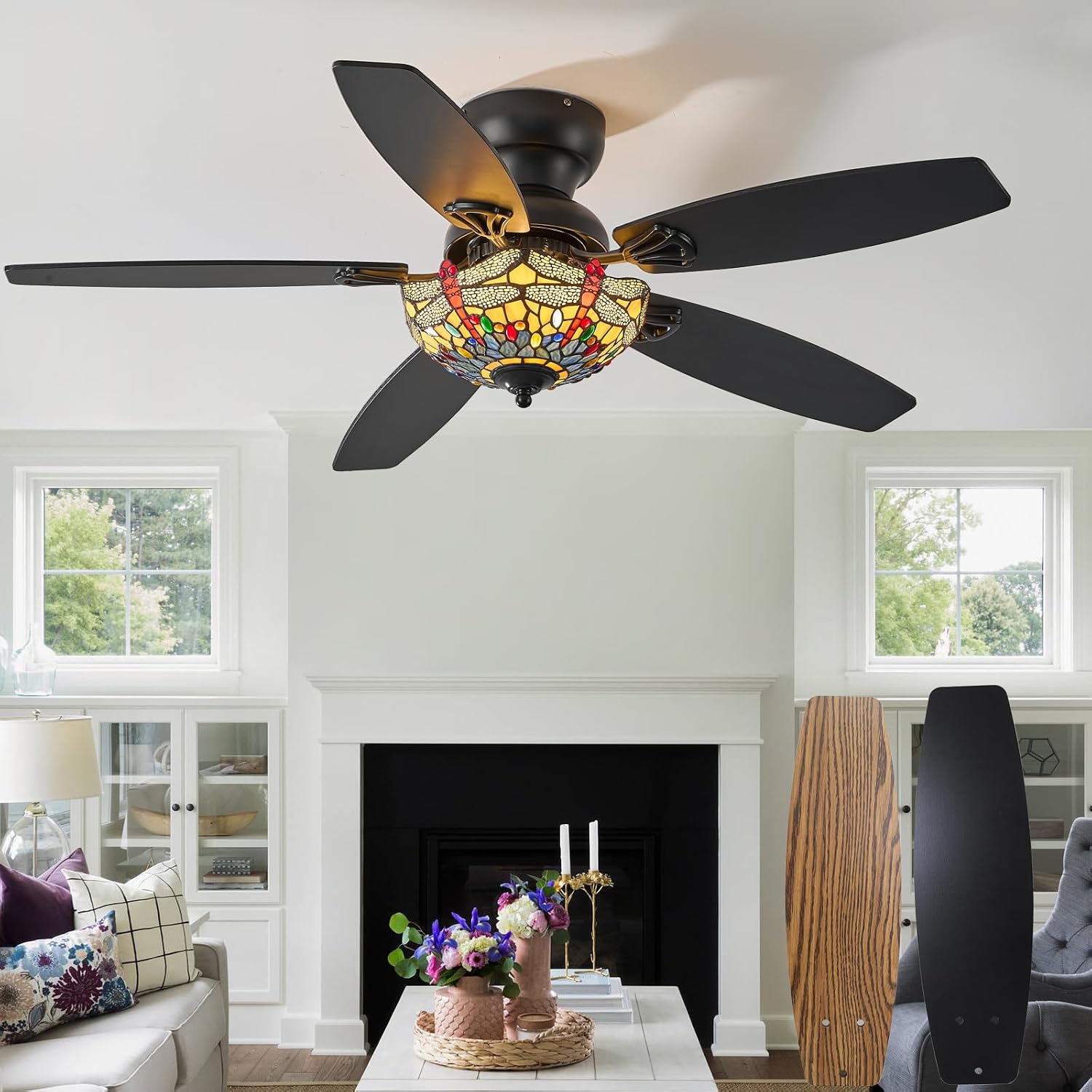 Tiffany Ceiling Fans with Lights - 48' Ceiling Fan Chandelier with 5 Dual-Blades and Glass Shade, 6 Speeds and Reversible, Indoor and Outdoor, Retro Style