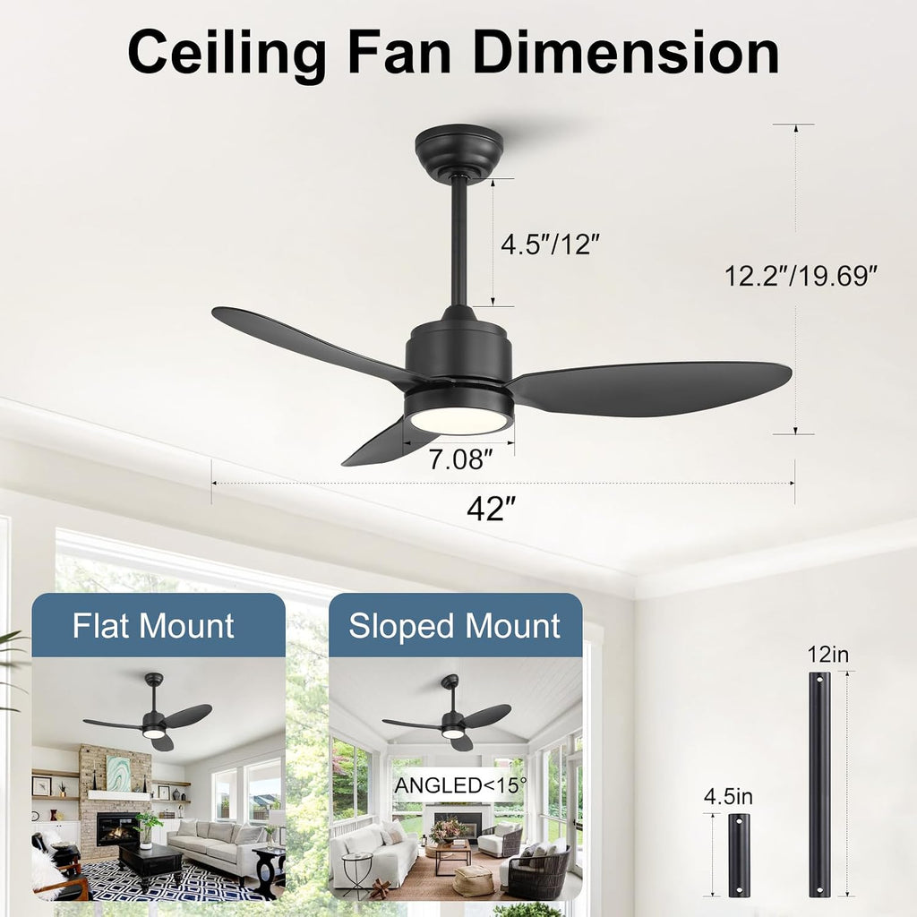 WINGBO 42' Outdoor Ceiling Fans with Lights, Wet Rated Waterproof Indoor Ceiling Fan with Remote, 3 ABS Blades Modern Ceiling Fan,3CCT Quiet 6-Speed DC Motor, for Porch Patios Bathroom, Black