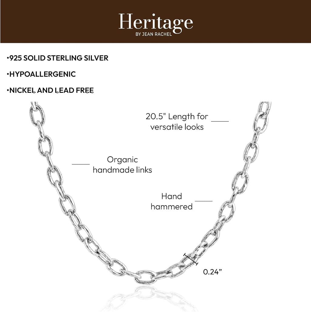 JEAN RACHEL JEWELRY Men's Solid 925 Sterling Silver Hammered Cable Chain Necklace - Heavy Oxidized Links - Antique Finish