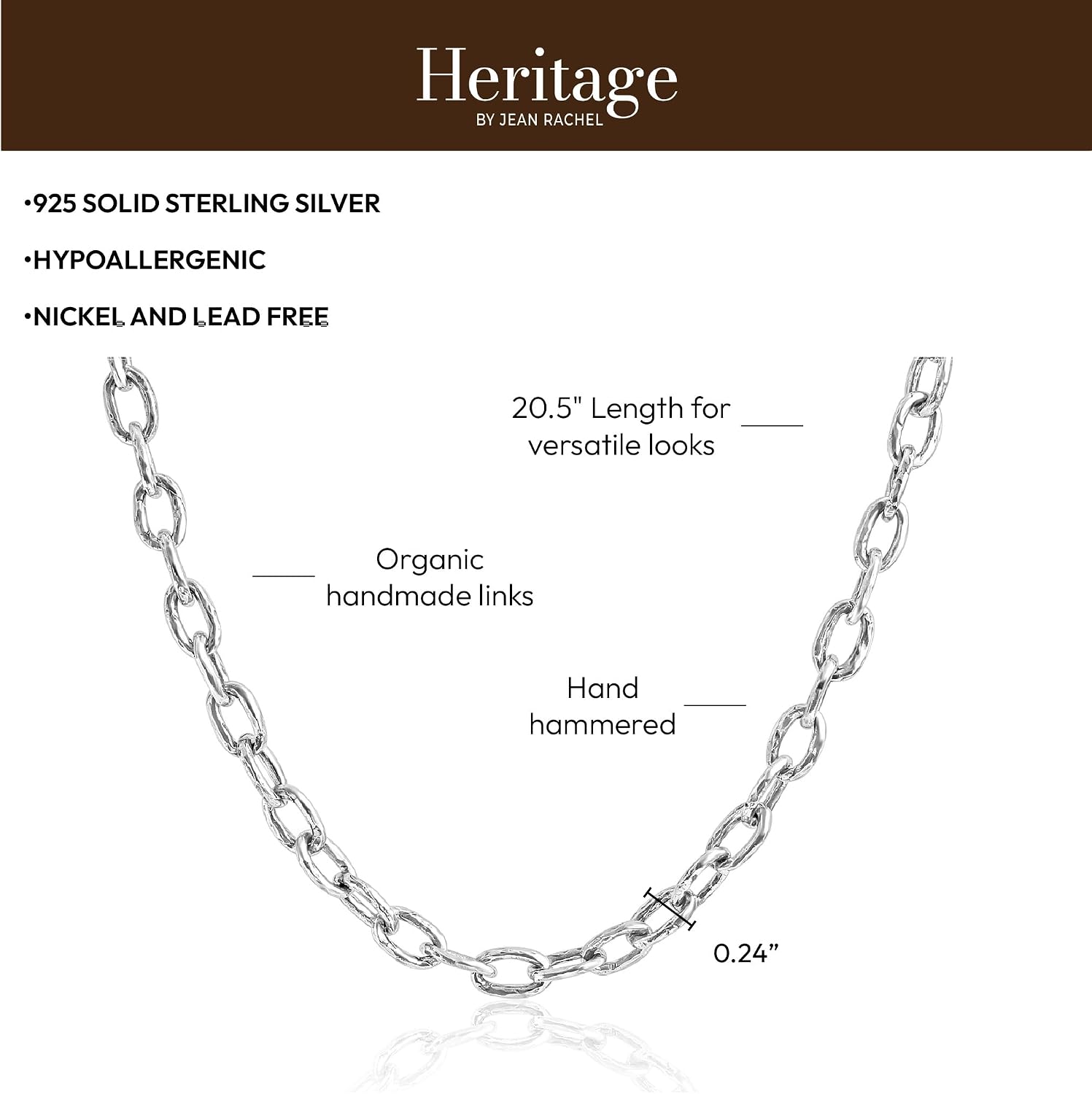 JEAN RACHEL JEWELRY Men's Solid 925 Sterling Silver Hammered Cable Chain Necklace - Heavy Oxidized Links - Antique Finish