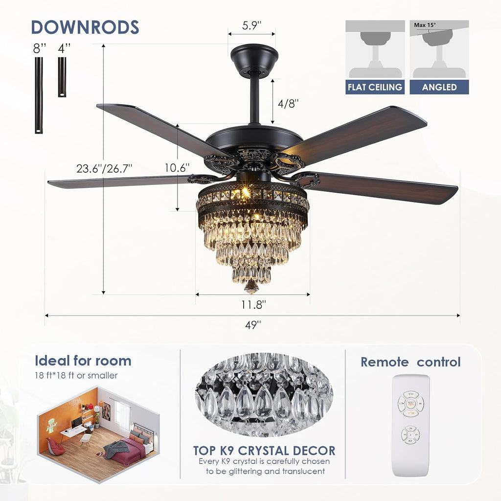 Asyko 50' Crystal Ceiling Fan Fandelier with Lights - Modern Black Chandelier Fans with Remote Control，Noiseless AC Motor, Retro/Farmhouse Lighting, Dining Room，Living Room