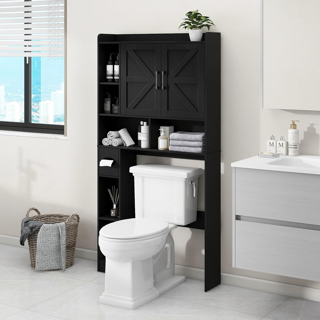 Vabches Over The Toilet Storage Cabinet, Farmhouse Storage Cabinet Over Toilet with 2 Barn Door & Toilet Paper Holder Stand, Home Space-Saving Toilet Rack, for Bathroom, Restroom (Black)