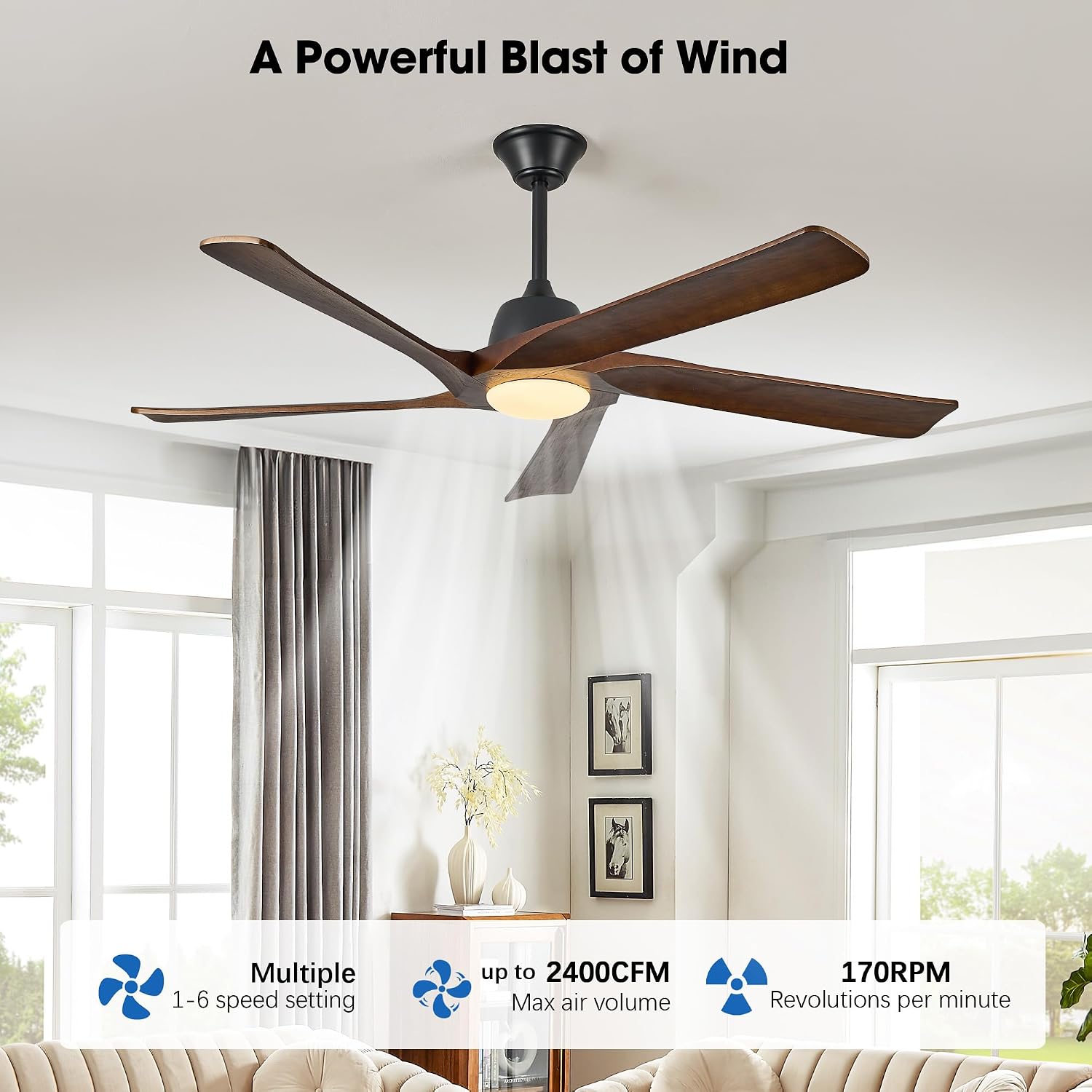60' DC Ceiling Fan with Light, Solid Wood Ceiling Fan with Remote and APP Control, 3-color Dimmable, 6-speed Reversible Fans for Bedroom, Living Room, Dark Walnut