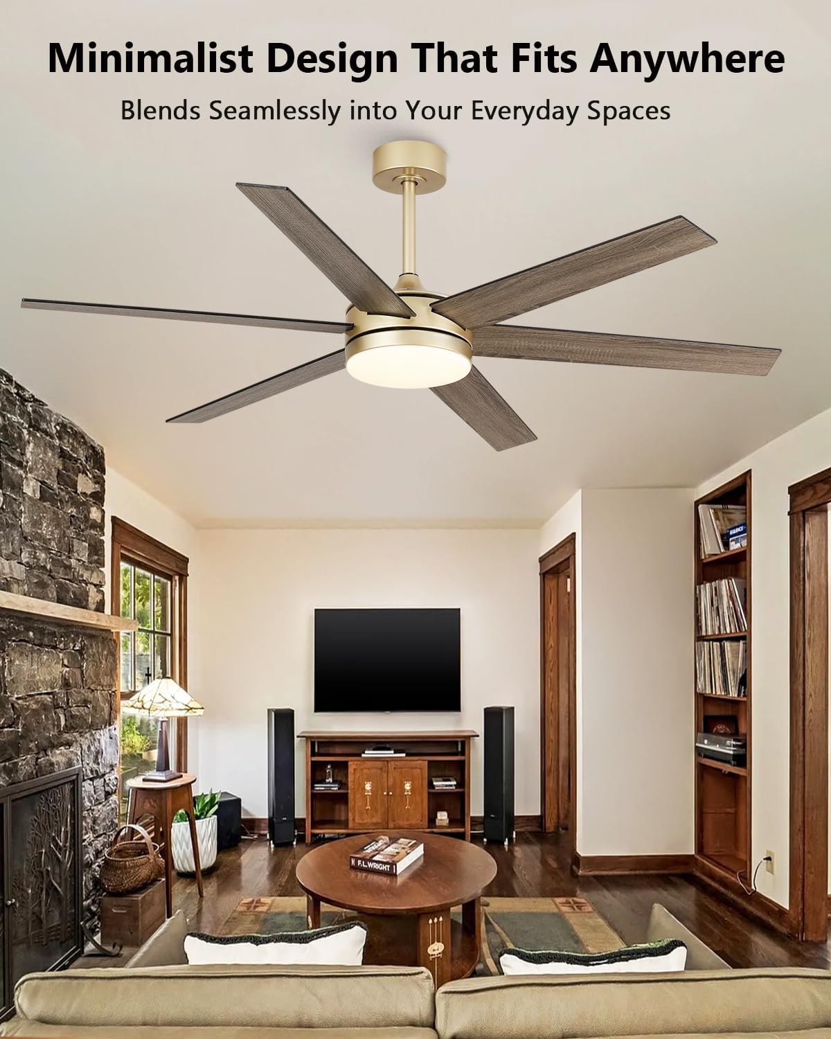 60 Inch Gold Ceiling Fan with Lights and Remote/APP, Modern Black Gold Ceiling Fan 5 Blade Fandelier for Living Room Shop, 3CCT, 6 Speeds, Timer, Quiet DC Motor Indoor Large Ceiling Fan
