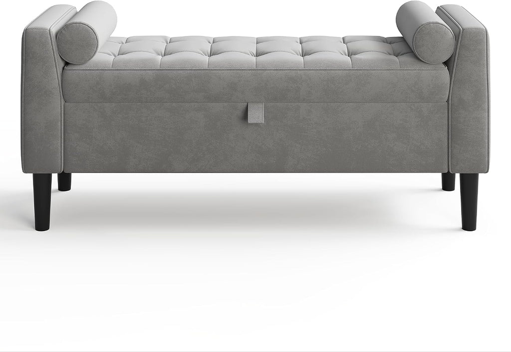 46.5 in Storage Ottoman Bench – Upholstered End-of-Bed Storage Chest with Rolled Armrests & Wood Legs, Entryway Shoe Bench and Footrest Seat for Hallway, Bedroom & Living Room& Walk-in Closet (Gray)