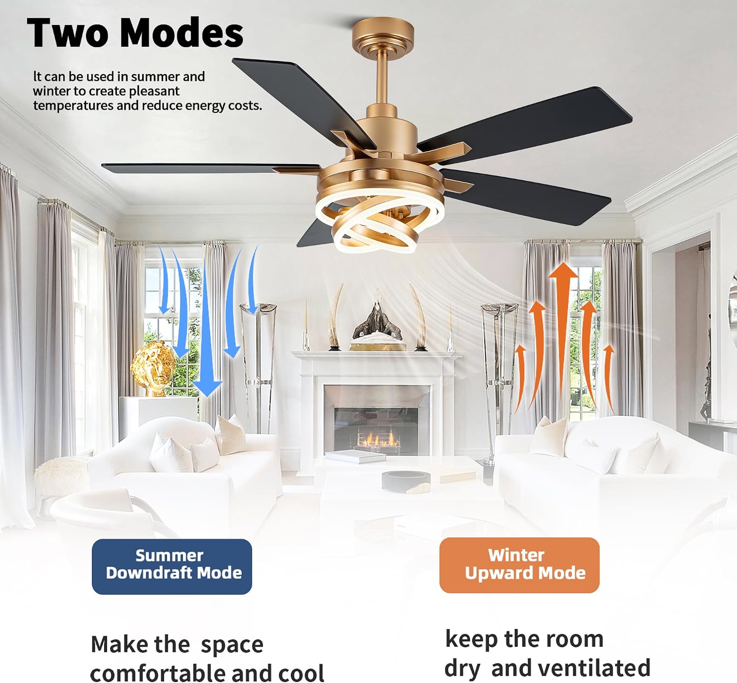 52 Inch Chandelier Ceiling Fans with Lights and Remote Control,6 Wind Speeds,3 Lighting Colors Optional,DC Motor,DIY Rings LED,Ceiling Fan for Living Room/Dining Room/Bedroom/Kitchen