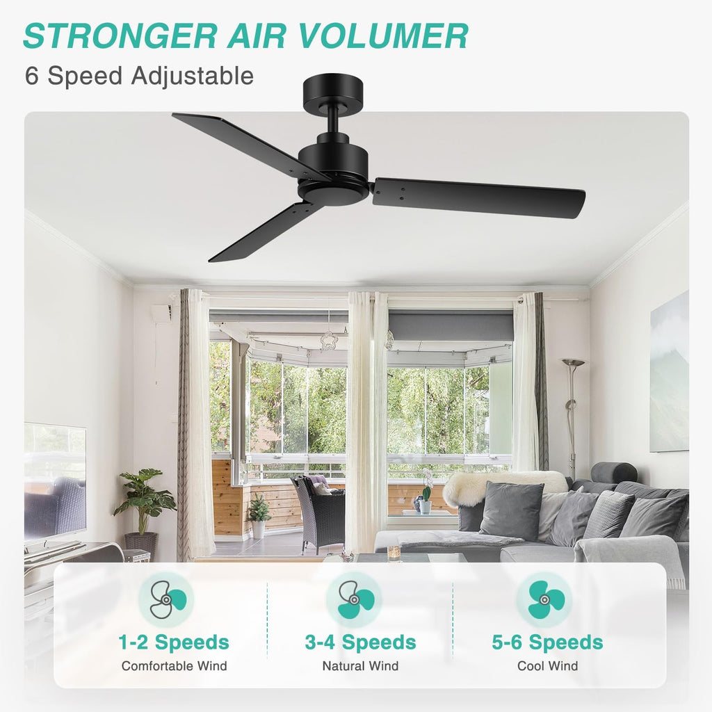 2 Pack 48 inch Ceiling Fans without Light, Black Ceiling Fan No Light with Quiet Reversible DC Motor, 6 Speeds, 3 Blades, Modern Ceiling Fans for Patio Living Room Bedroom Indoor