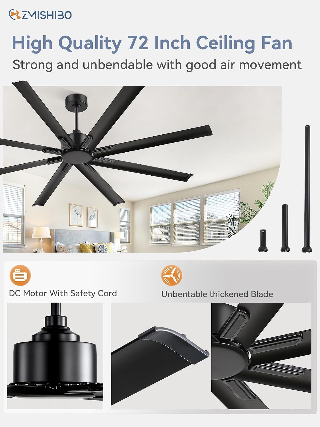 ZMISHIBO 72 Inch Ceiling Fan No Light, Large Black Ceiling Fan with Remote, Quiet DC Motor, and 6 Speeds, Indoor/Outdoor Industrial Ceiling Fans 8 Aluminum Blades for Patio, Garage, Shop, Black
