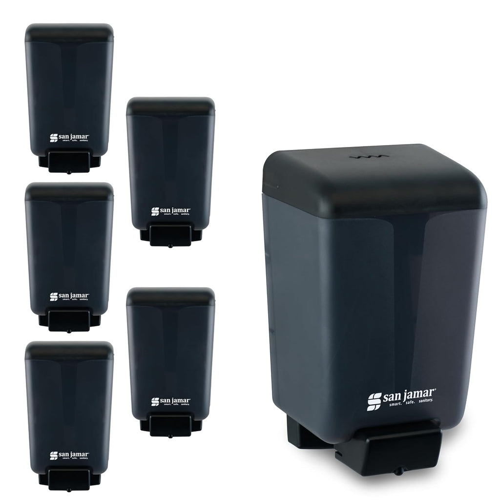 San Jamar Classic Soap Dispenser for Public Restrooms, Manual, Wall Mounted, Refillable, Plastic, 46 Ounce Capacity, Black Pearl (Pack of 6)