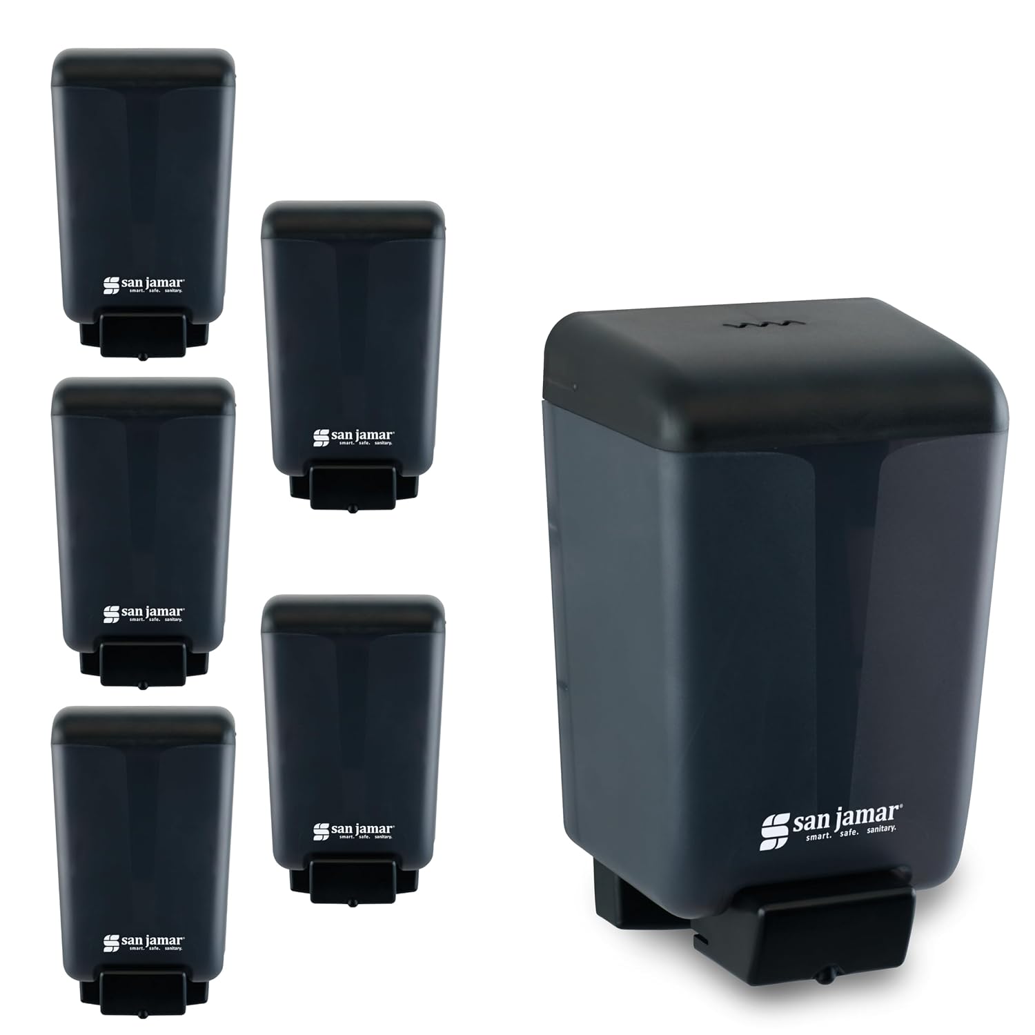 San Jamar Classic Soap Dispenser for Public Restrooms, Manual, Wall Mounted, Refillable, Plastic, 46 Ounce Capacity, Black Pearl (Pack of 6)