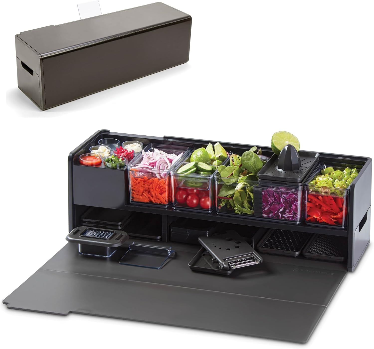 Prepdeck Gen 2 Recipe Prep & Storage Station - 8 Essential Tools + Deluxe Cutting Board, 14 Plastic Containers + Super-Seal Lids, Removable Trash Compartments, Tablet Stand Included - Midnight Black