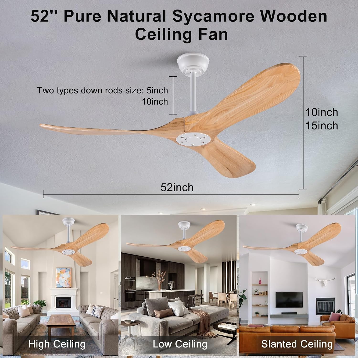 52 inch Ceiling Fan without Light, Quiet Reversible DC Motor Wood Ceiling Fan no Light, 3 Blades Modern Ceiling Fans with Remote Control for Outdoor Indoor Farmhouse Patios