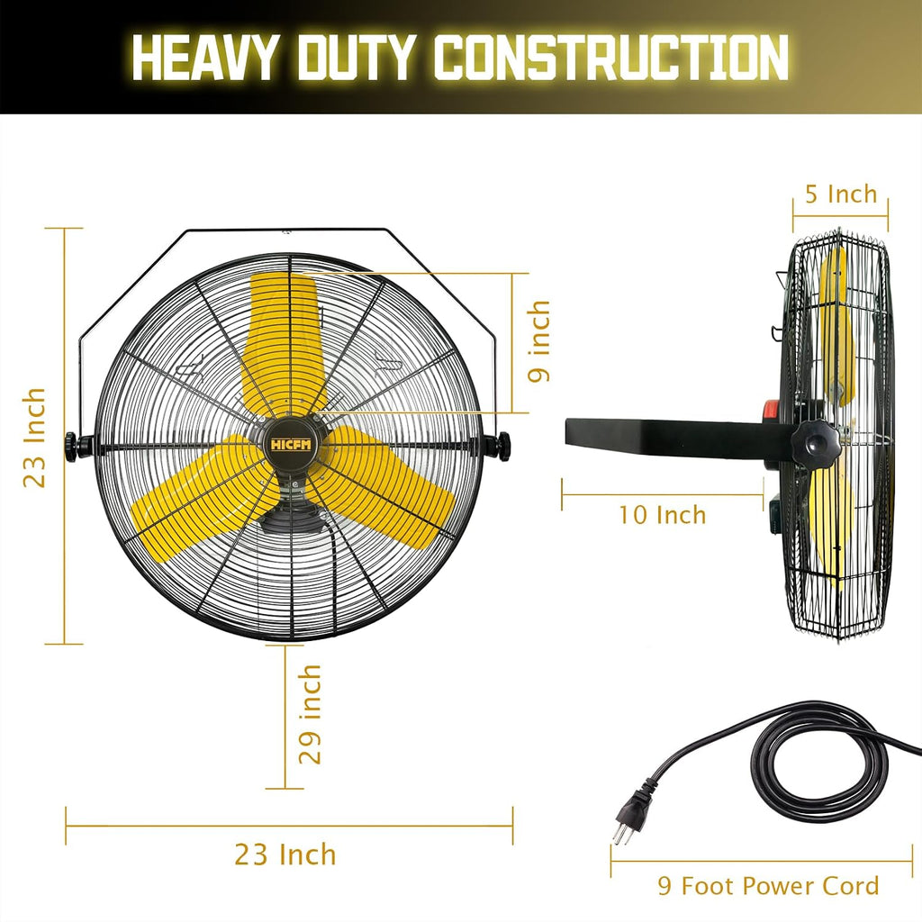 HiCFM 9100 CFM 24 inch Heavy Duty Industrial Wall Mounted Fan with TEAO Enclosure Motor, Permanent Lubricated Ball Bearing, 9 FT Cord, 180Degree Tilting, Safety Yellow Blade Wall Fan - UL Listed