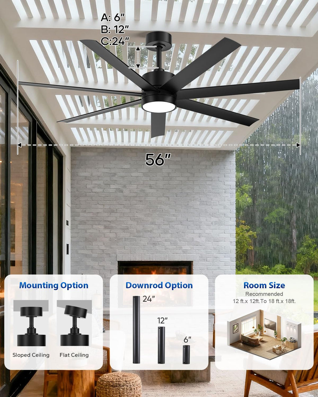 56 Inch Waterproof Wet Rated Outdoor Ceiling Fan with Light and Remote, 7 All-Weather Black Blades with UV Coating, High CFM Quiet DC Motor, for Commercial Patios, Exterior Porches & Gazebos