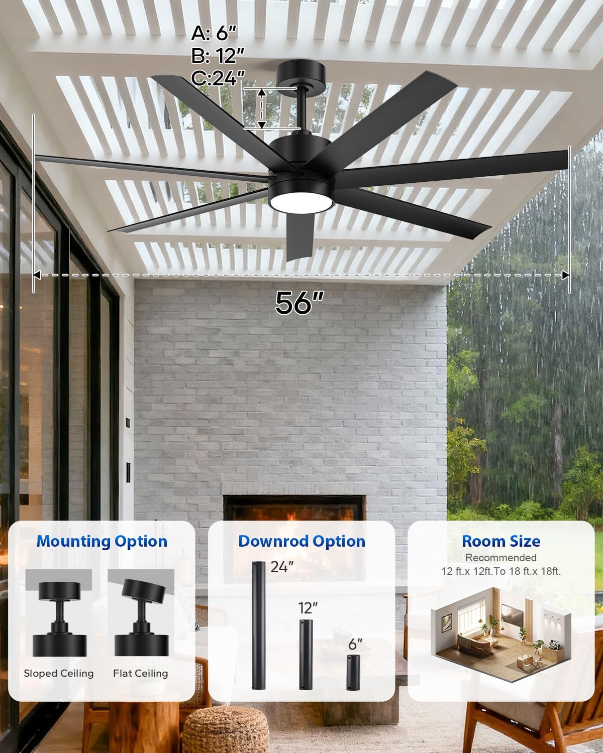 56 Inch Waterproof Wet Rated Outdoor Ceiling Fan with Light and Remote, 7 All-Weather Black Blades with UV Coating, High CFM Quiet DC Motor, for Commercial Patios, Exterior Porches & Gazebos