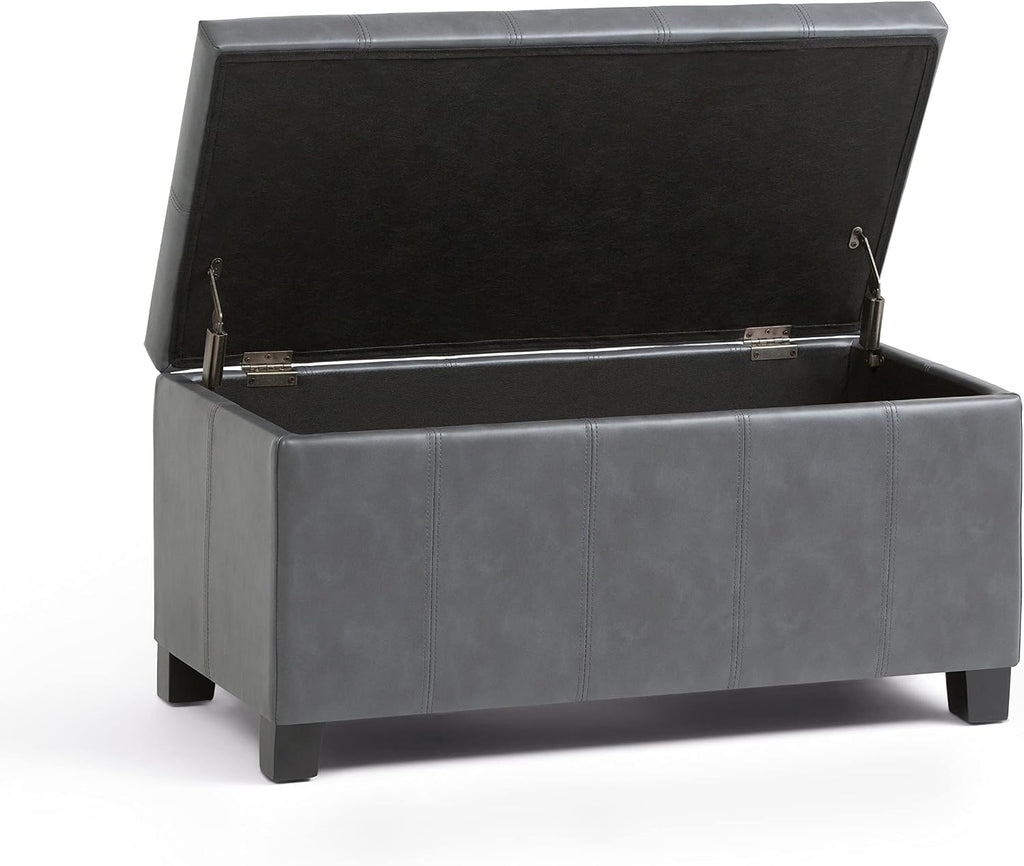 SIMPLIHOME Dover Storage Ottoman Bench - 36 inch Wide Upholstered Vegan Leather Rectangular Lift-Top Ottoman in Stone Grey, Contemporary Bench for Living Room with Safety Hinges