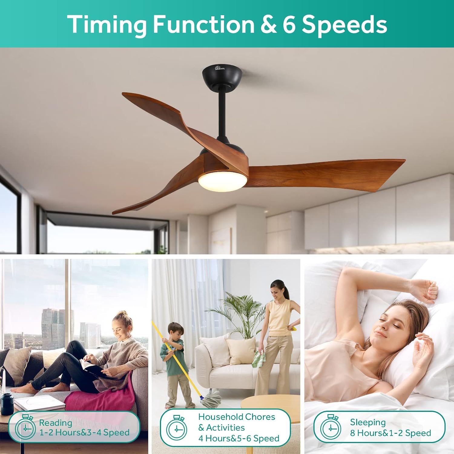 Sofucor 52 inch Ceiling Fans with Lights and Remote, Indoor/Outdoor Ceiling Fan with Light, Quiet DC Reversible, Low Profile Ceiling Fan Light, Solid Wood 3 Blade Ceiling Fans for Bedroom Farmhouse