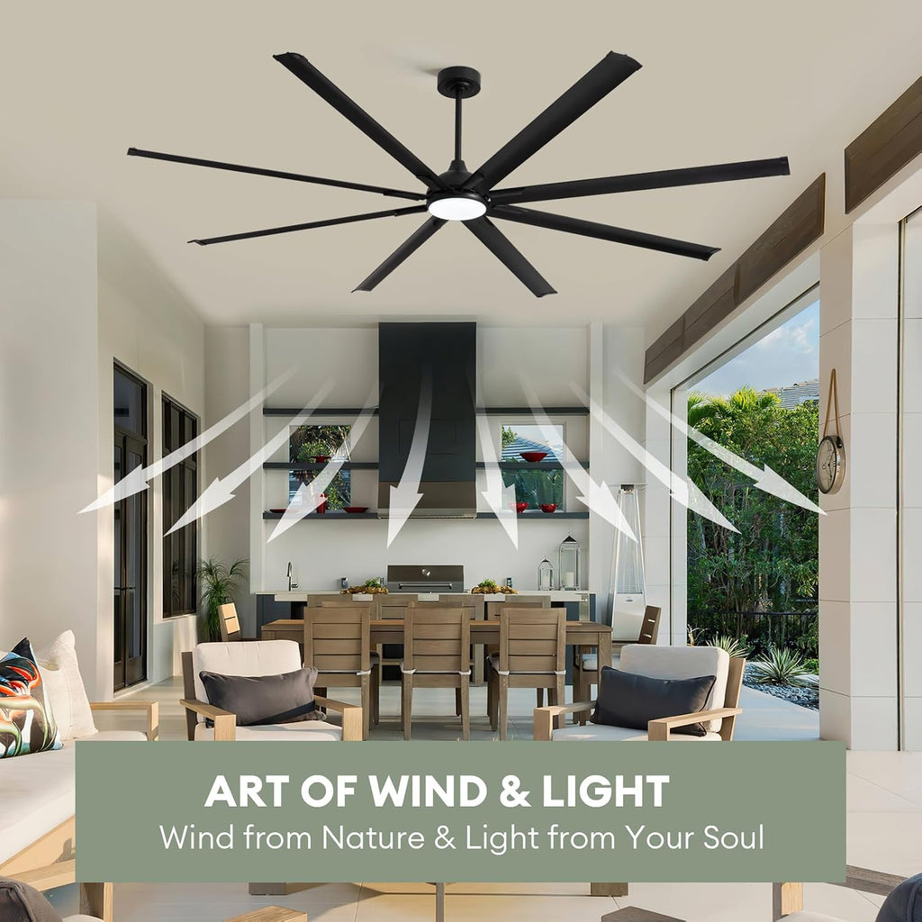 LuminFan 96 Inch Large Ceiling Fan with 8 Aluminum Blades, 6-Speed, 3-CCT, Turbo DC Motor, Remote Black Ceiling Fan for Living Room, Warehouse, Garage - Heavy-Duty Industrial Design