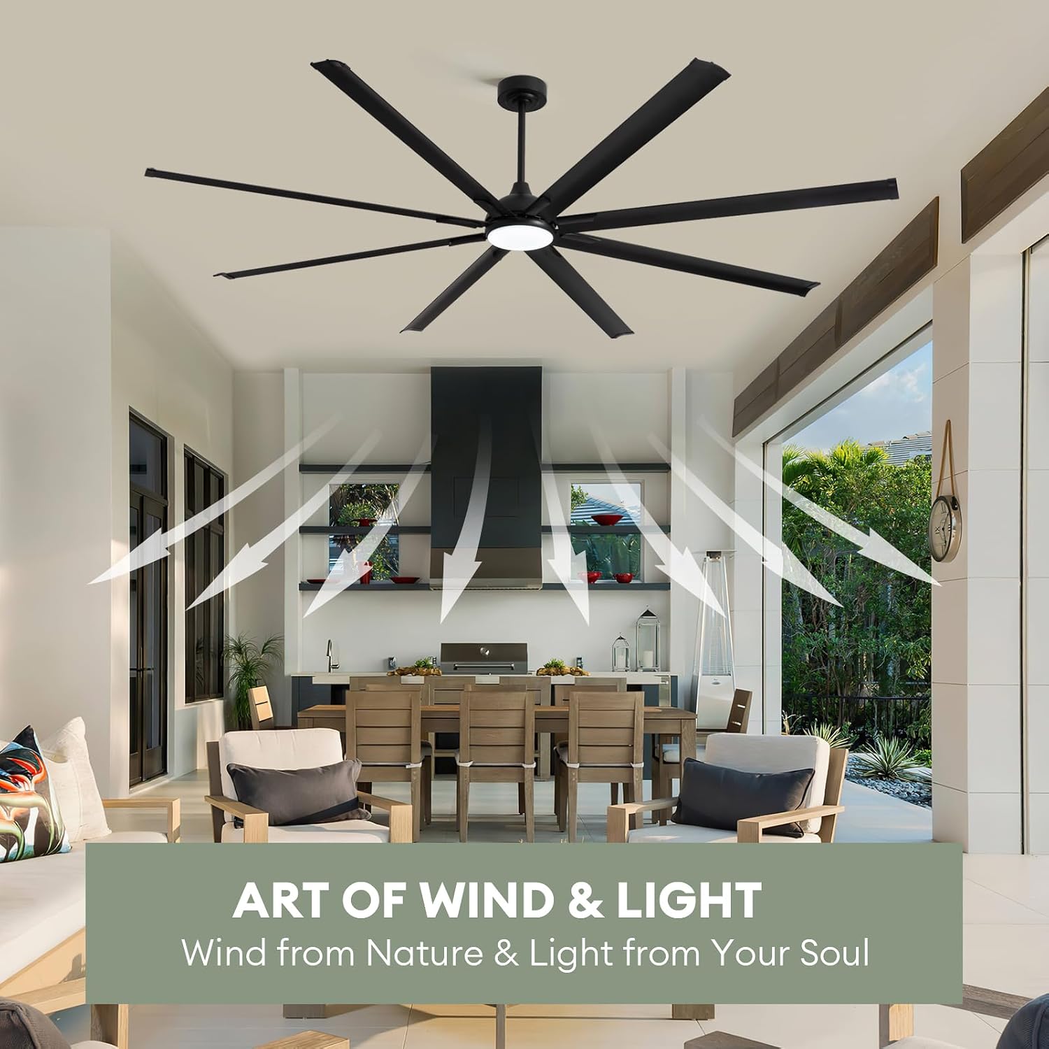 LuminFan 96 Inch Large Ceiling Fan with 8 Aluminum Blades, 6-Speed, 3-CCT, Turbo DC Motor, Remote Black Ceiling Fan for Living Room, Warehouse, Garage - Heavy-Duty Industrial Design