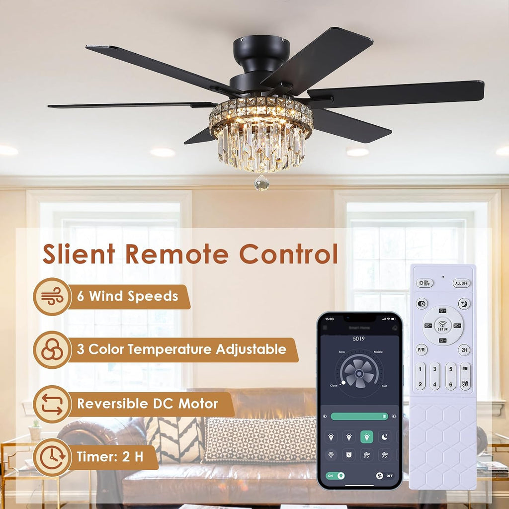Asyko Chandelier Ceiling Fan -52' Crystal Ceiling Fan- Fandelier Fan Light Black with Remote, Reversible Motor, Dual-Sided 6 Blades, 3 Speed, Timer, Indoor Outdoor Fans, Living Room, Dining Room