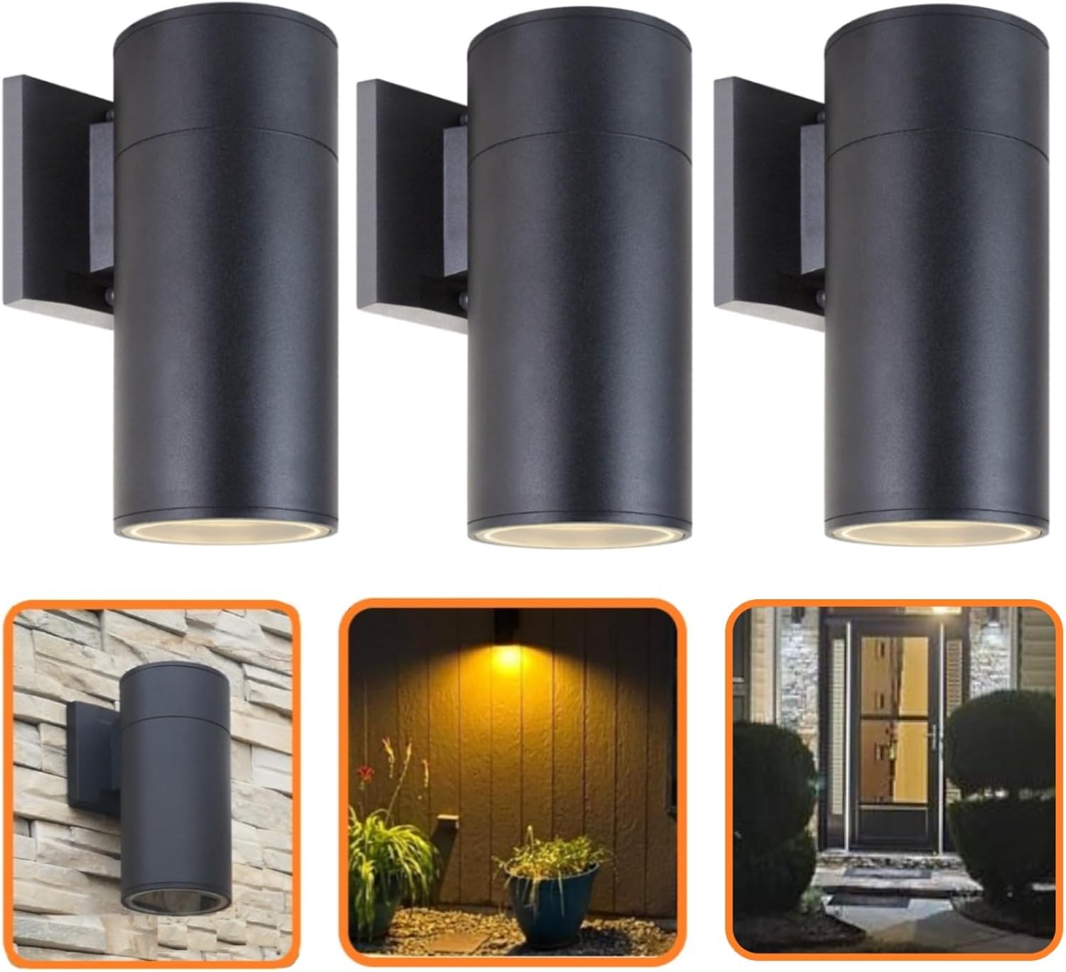 Outdoor Wall Light, Exterior Lighting - ETL Listed, Die-cast Aluminum Anti-Rust Waterproof Wall Mount Cylinder Design – 1-Direction Up or Down Light Fixture for Porch, Garage or Patio (3 Pack)
