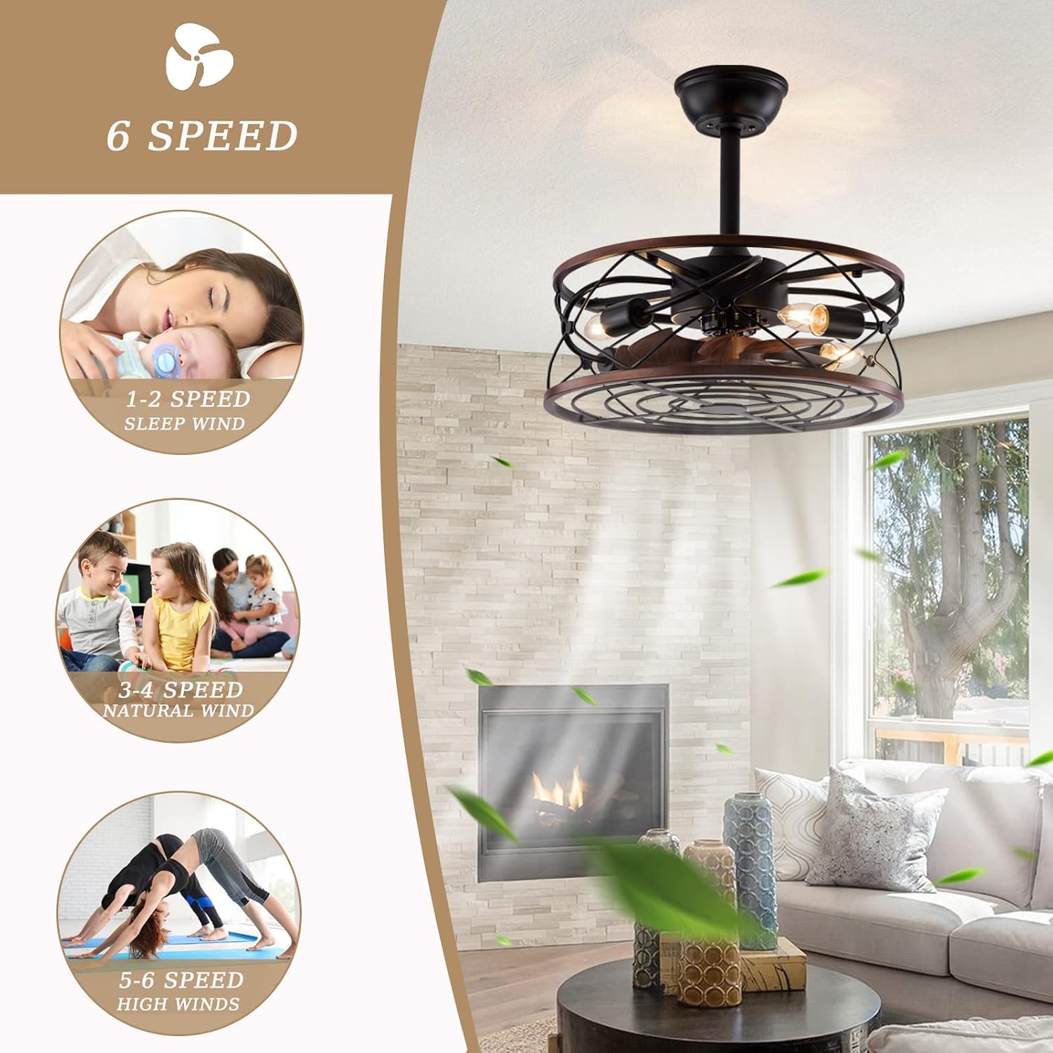 Chandelier,Retro Ceiling Fans with Lights and Remote Control Black Mute Ceiling Fan with Lighting 6 Speed DC Reversible Timer Industrial Ceiling Fan with Lamp for Bedroom Bars-B