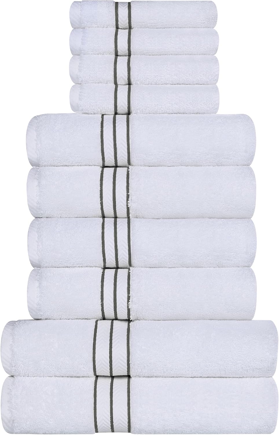 Superior Hotel Turkish Cotton 10 Piece Towel Set, Ultra Plush Spa Quality Heavyweight Essentials for Bathroom, Thick Absorbent and Soft, Dobby Border, Includes 2 Bath 4 Hand 4 Washcloths, Charcoal