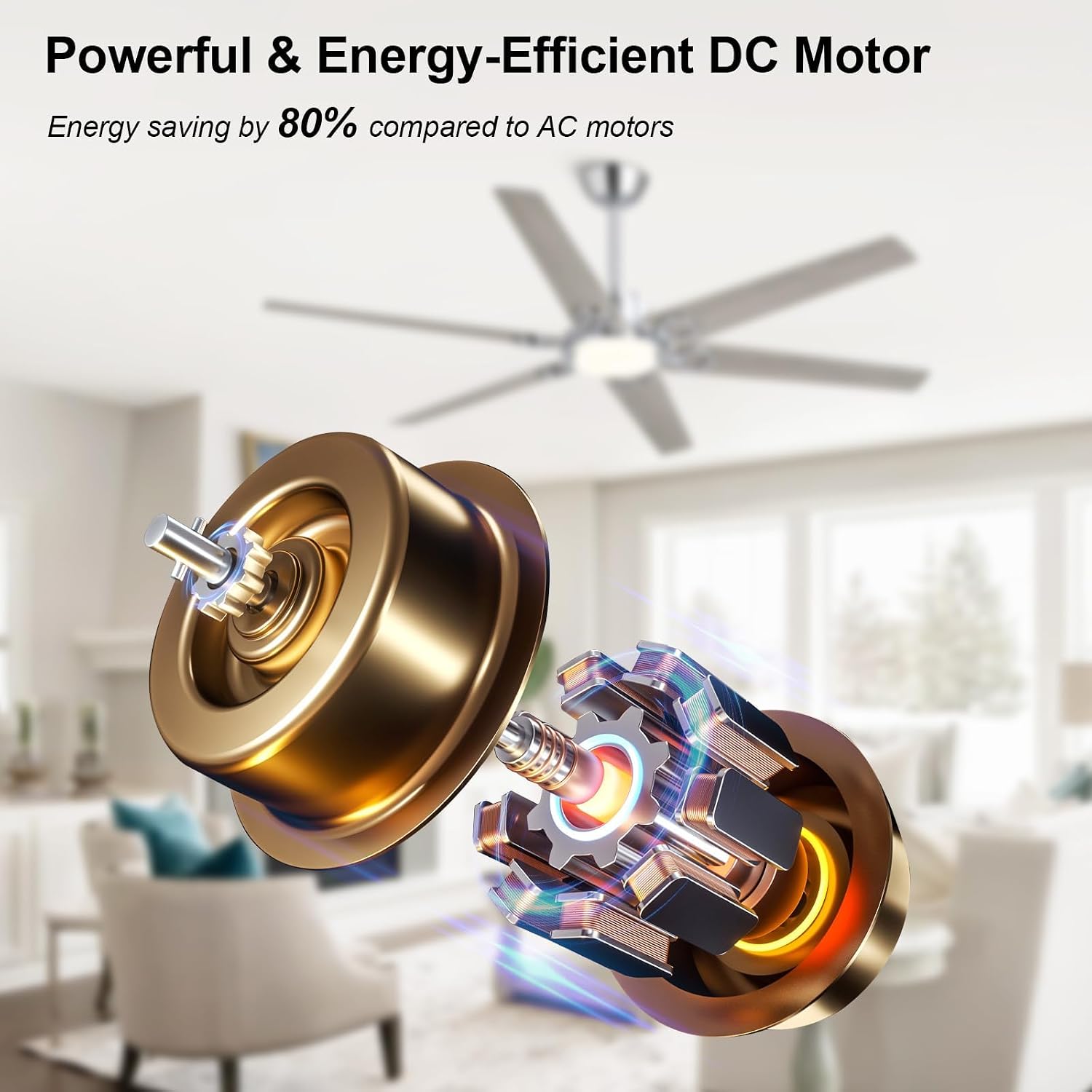 WINGBO Ceiling Fan with Lights - 64 inch Ceiling Fan with Remote,3CCT, Dimmable Light,6 Blades Modern Ceiling Fan, 6-Speed Noiseless Powerful DC Motor, ETL Listed, Indoor/Outdoor, Chromium + Grey