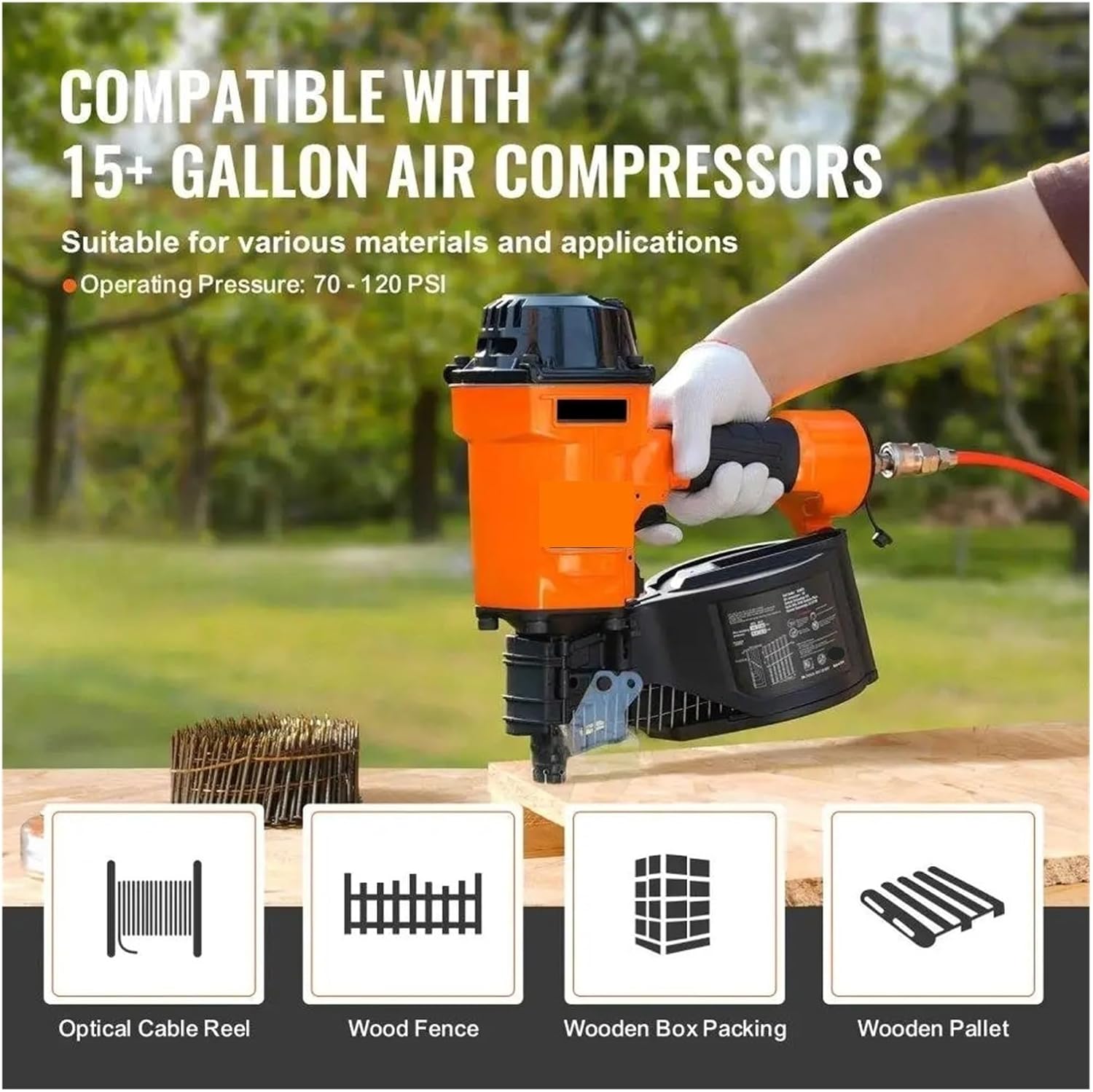 Pneumatic nail gun, MCN70 15° Pneumatic Coil Siding Nailer - 1-3/4 To 2-3/4 Inch Nail For Efficient Fastening for Floor, Truss, and Roof