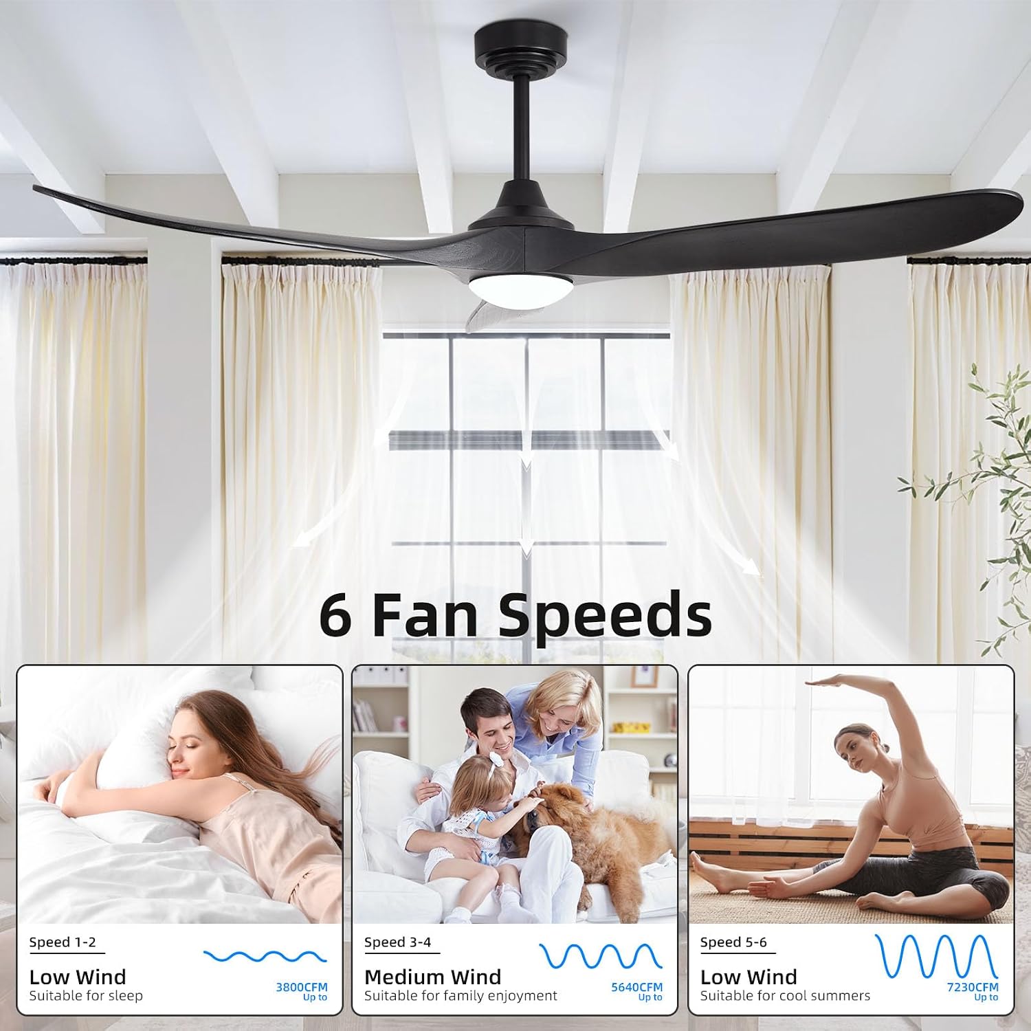 60' Outdoor Ceiling Fan with Light 3 Downrods, Smart Wood Ceiling Fan Compatible with Alexa/Google/App, 3 Blades Modern Black Wood Ceiling Fans for Kitchen Living Room Patio