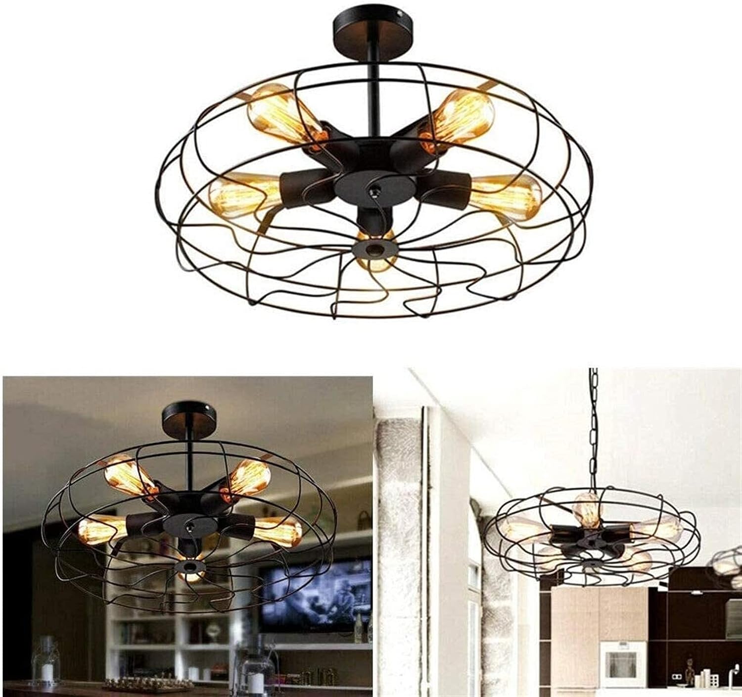 Metal Fan Pendant Lamp Steampunk Industrial Vintage Ceiling Chandelier Light E27 Ceiling Lighting Fixture for Restaurant Kitchen, Retro Black Fan Style Metal Cage Ceiling Light 5-Lights