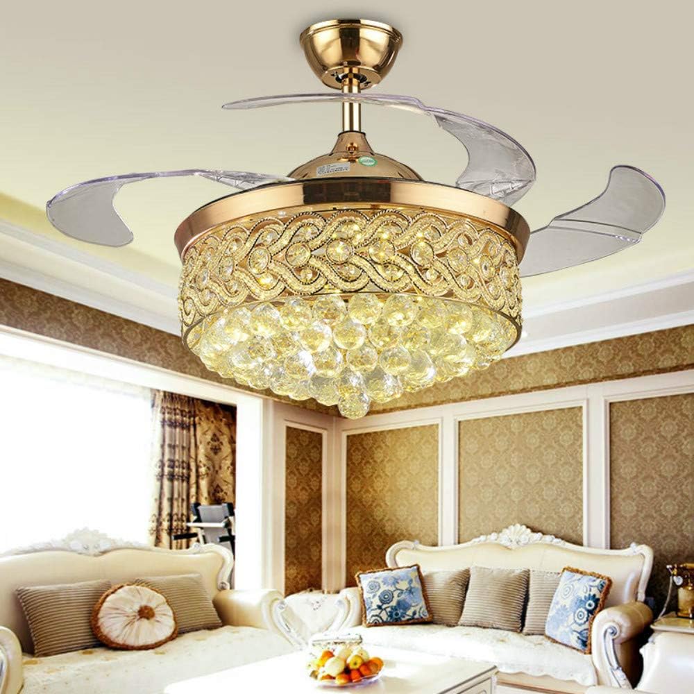 American Country 42 Inch Invisible Ceiling Fan Light Remote Ceiling Fan Light Retro Led Lamps Home Nordic Ceiling Fan Crystal Chandelier (Gold)