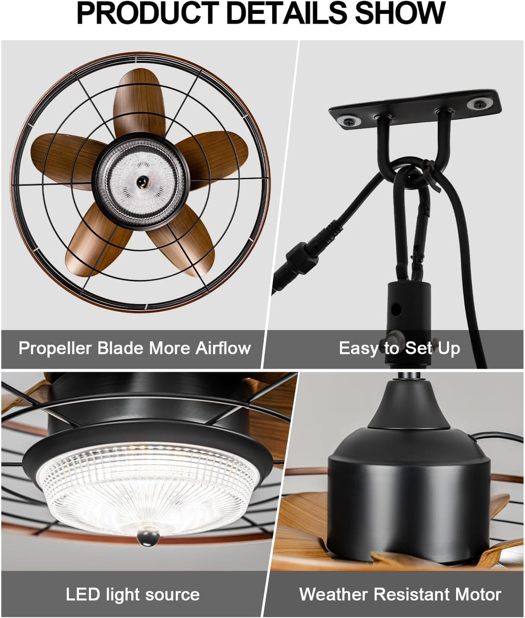 Outdoor Waterproof Caged Ceiling Fan with 3 Color LED Light, App/Remote Control, Quiet DC Motor, Plug-in Cord Hook Installation,Gazebo Ceiling Fan with Light for Patios, Pergola, Canopy