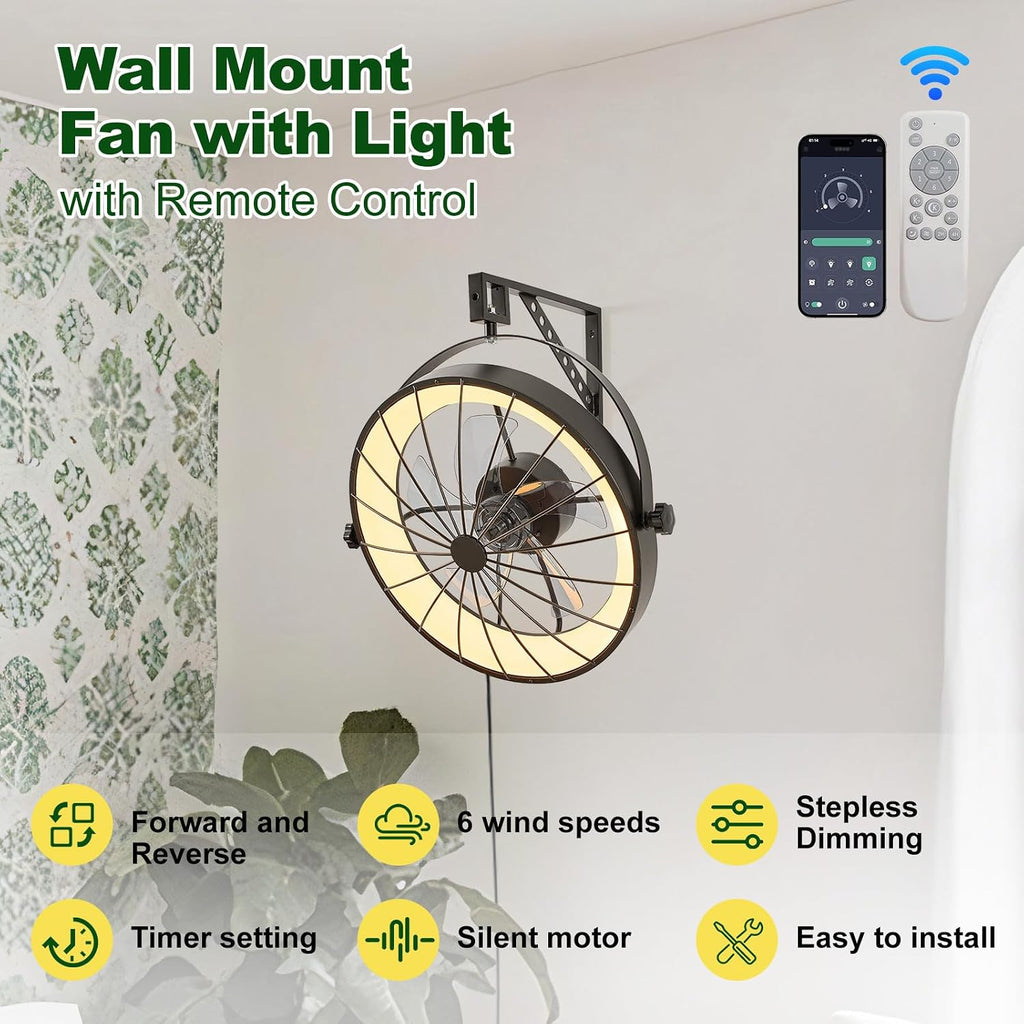 Wall Mount Fan with Remote App Control, 20' Quiet Wall Mounted Fans with Light, 3 Color Dimmable, 360° Adjustable Tilt Plug in Ceiling Fan Indoor Wall Hanging Fan for Garage, Home, Patio