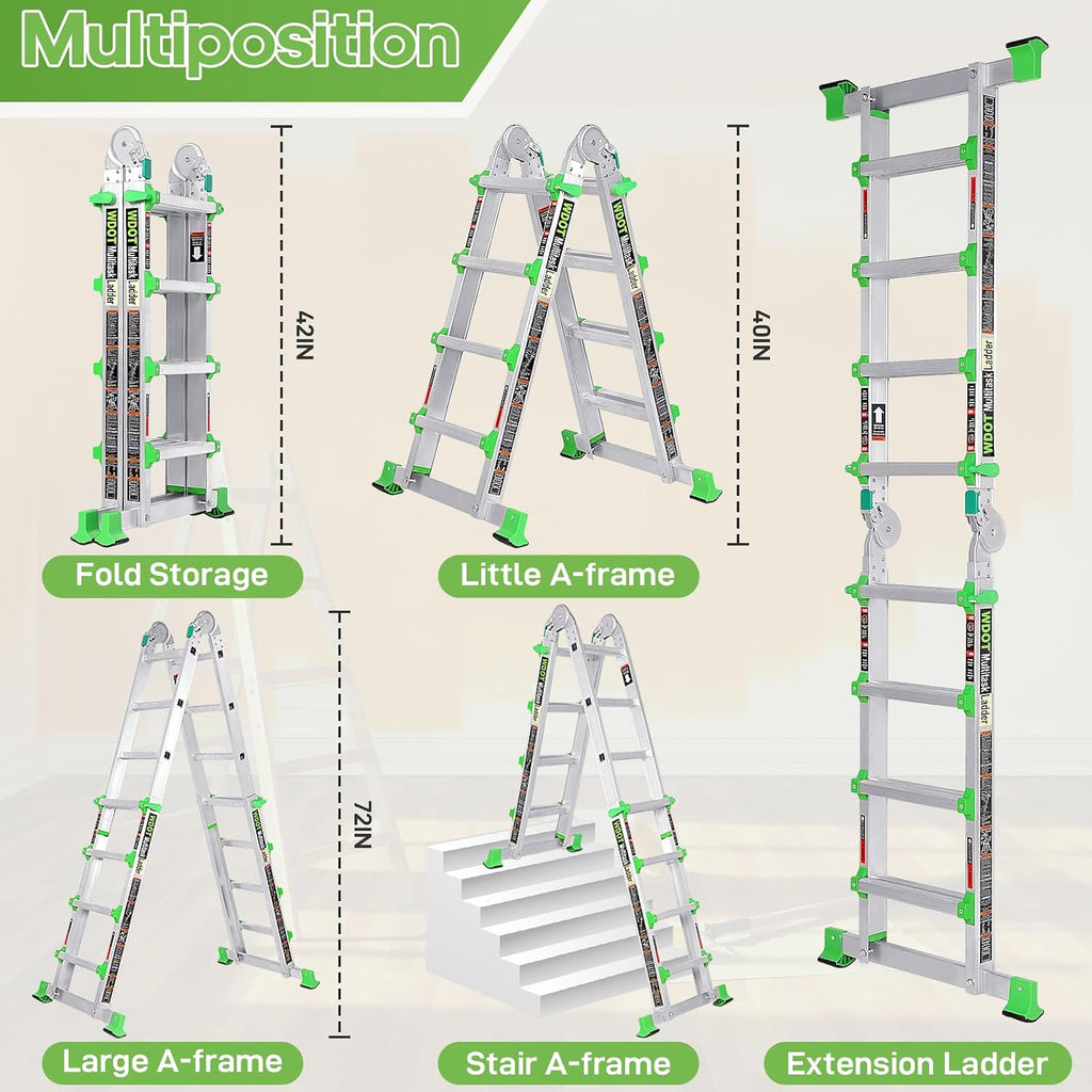 Ladder, Extension Ladders for Home Stairs 14 Ft, 4 Step Multi Position A Frame Ladder with Stabilizer Bar, Compact Folding, 330 lbs Telescopic Aluminum Adjustable Ladders, Escaleras para Casa