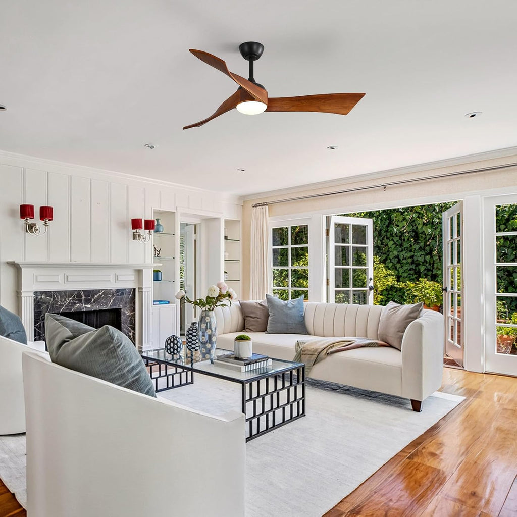 Sofucor 52 inch Ceiling Fans with Lights and Remote, Indoor/Outdoor Ceiling Fan with Light, Quiet DC Reversible, Low Profile Ceiling Fan Light, Solid Wood 3 Blade Ceiling Fans for Bedroom Farmhouse