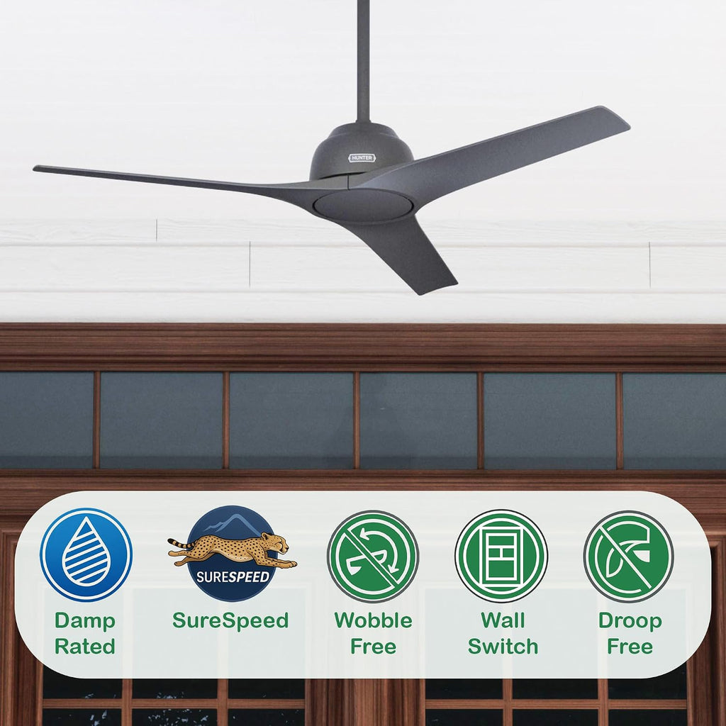 Hunter Fan 52 inch Ceiling Fan with No Light, Outdoor or Indoor Matte Black Ceiling Fan for Porch, Living Room, Office, Kitchen, Garage, 3 Blades (Renewed)